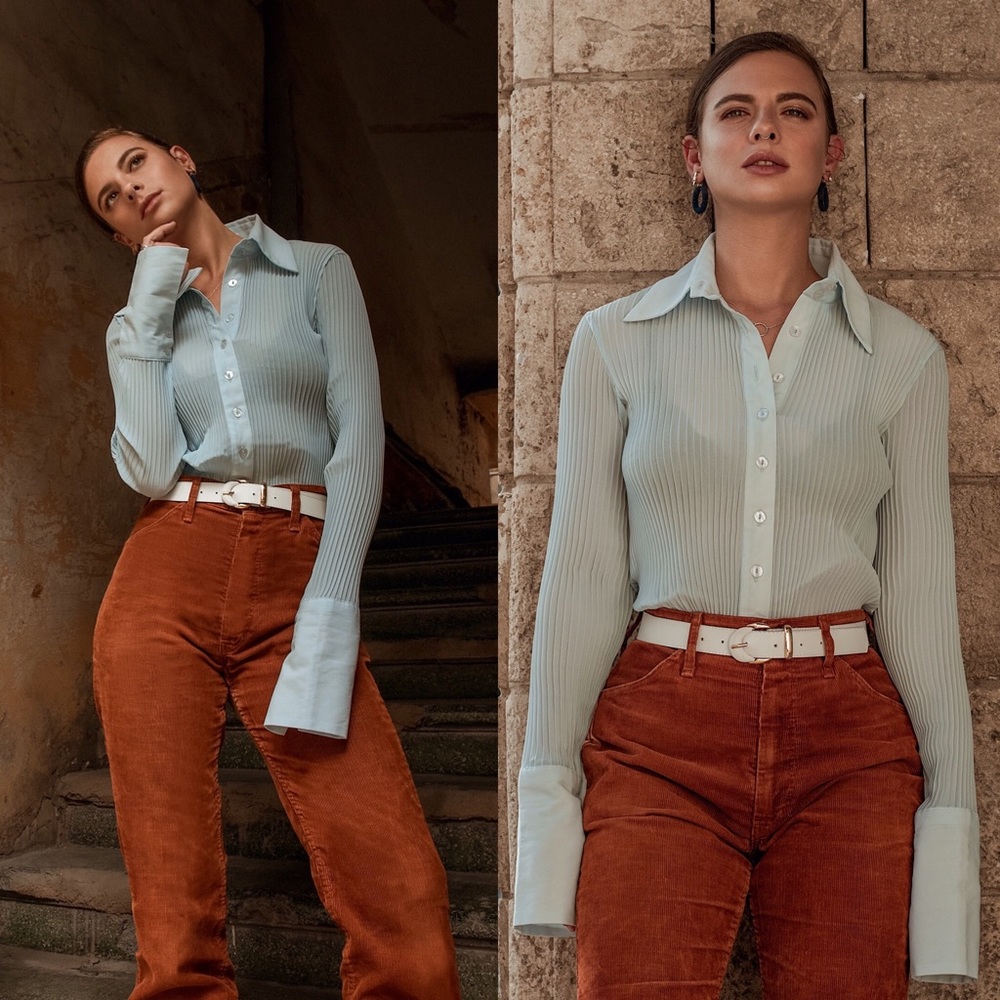 Vintage Blue Pleated Button Down Blouse